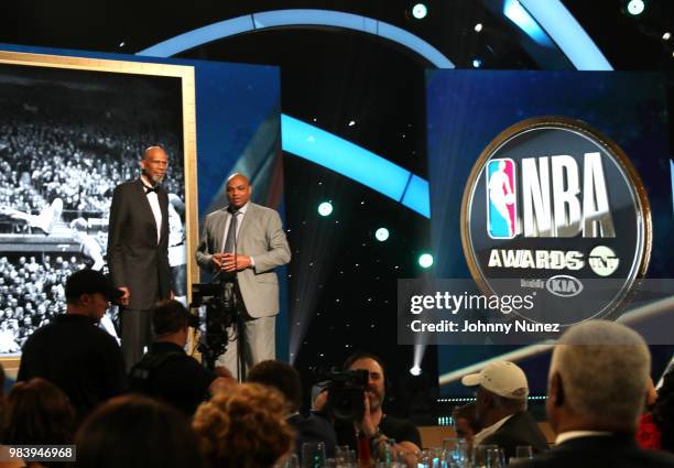 Kareem Abdul-Jabbar and Charles Barkley speak onstage at the 2018 NBA Awards at Barkar Hangar on June 25, 2018 in Santa Monica, California.