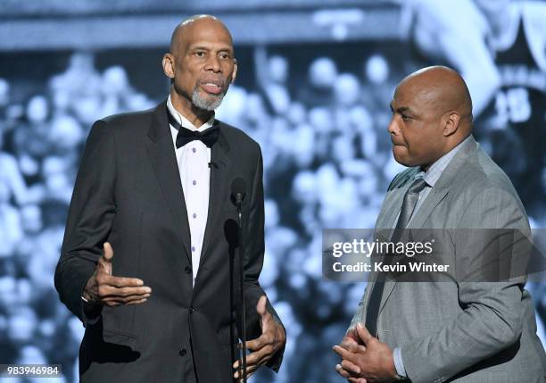 Kareem Abdul-Jabbar and Charles Barkley speak onstage at the 2018 NBA Awards at Barkar Hangar on June 25, 2018 in Santa Monica, California.