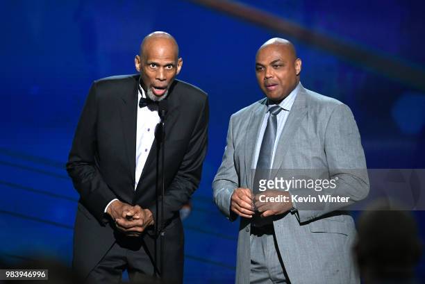 Kareem Abdul-Jabbar and Charles Barkley speak onstage at the 2018 NBA Awards at Barkar Hangar on June 25, 2018 in Santa Monica, California.