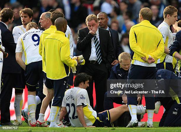 Tottenham Hotspur manager Harry Redknapp talks to his team before extra time during the FA Cup sponsored by E.ON Semi Final match between Tottenham...