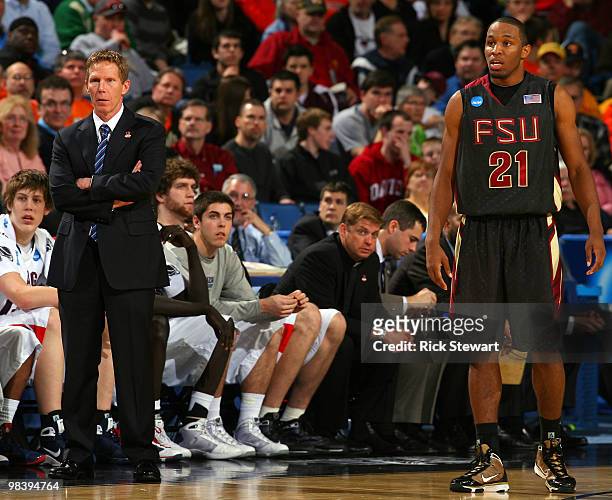 Head coach Mark Few of the Gonzaga Bulldogs and Michael Snaer of the Florida State Seminoles look on during the first round of the 2010 NCAA men's...