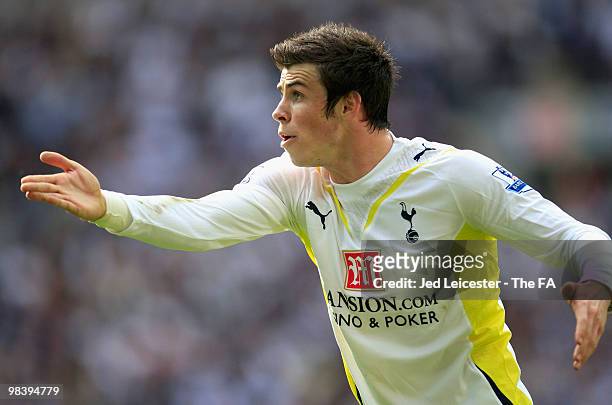 Gareth Bale of Tottenham Hotspur gestures during the FA Cup sponsored by E.ON Semi Final match between Tottenham Hotspur and Portsmouth at Wembley...