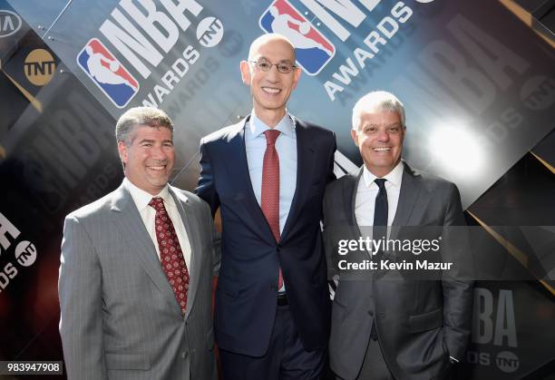 President of Turner Sports Lenny Daniels, NBA Commissioner Adam Silver and President of Turner David Levy attend 2018 NBA Awards at Barkar Hangar on...