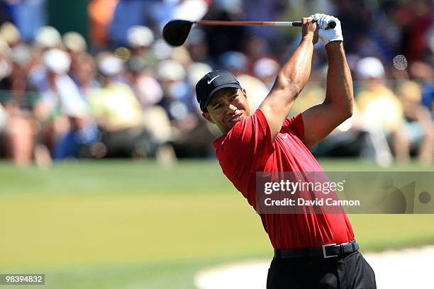 Tiger Woods hits his tee shot on the third hole during the final round of the 2010 Masters Tournament at Augusta National Golf Club on April 11, 2010...