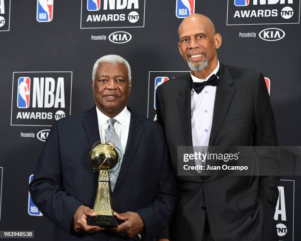 Oscar Robertson and Kareem-Abdul Jabbar pose for a photograph during the 2018 NBA Awards Show on June 25, 2018 at The Barkar Hangar in Santa Monica,...