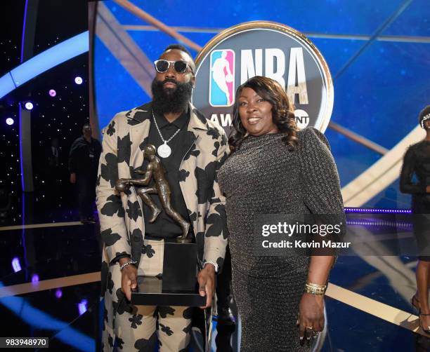 Winner James Harden and Monja Willis attend the 2018 NBA Awards at Barkar Hangar on June 25, 2018 in Santa Monica, California.