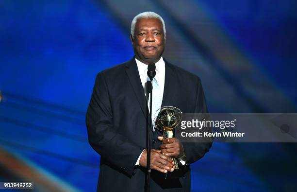 Lifetime Achievement Award honoree Oscar Robertson speaks onstage at the 2018 NBA Awards at Barkar Hangar on June 25, 2018 in Santa Monica,...