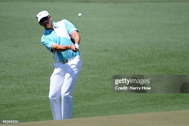 Ricky Barnes plays a shot on the second hole during the final round of the 2010 Masters Tournament at Augusta National Golf Club on April 11, 2010 in...