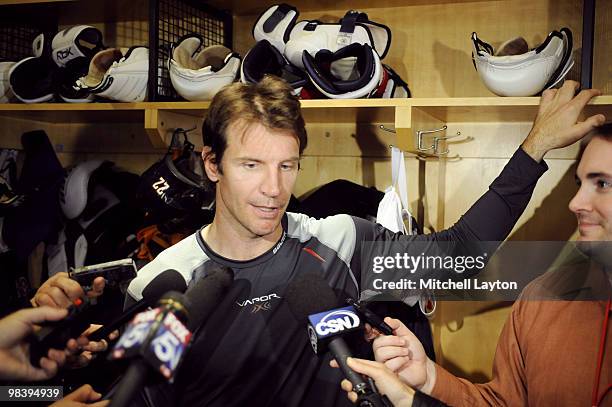 Mike Knuble of the Washington Capitals address the media after an NHL hockey game against the Boston Bruins on April 11, 2010 at the Verizon Center...