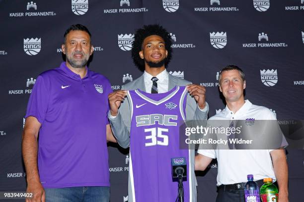 Vlade Divac and Head Coach Dave Joerger of the Sacramento Kings introduce Marvin Bagley III to the media on June 23, 2018 at the Golden 1 Center in...