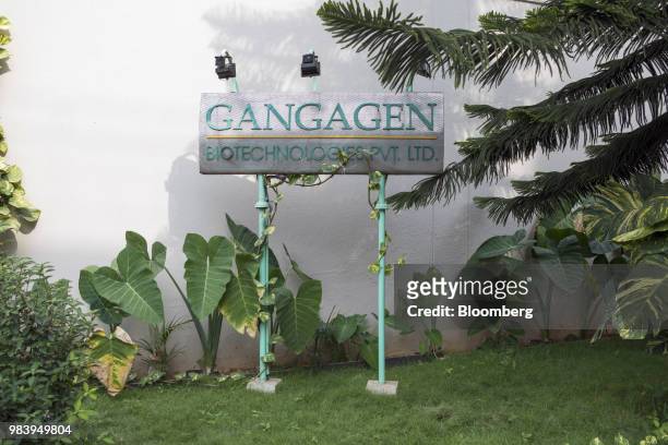 Signage for GangaGen Biotechnologies Ltd. Stands outside the startup's office in Bengaluru, India, on Wednesday, May 30, 2018. The rapid spread of...