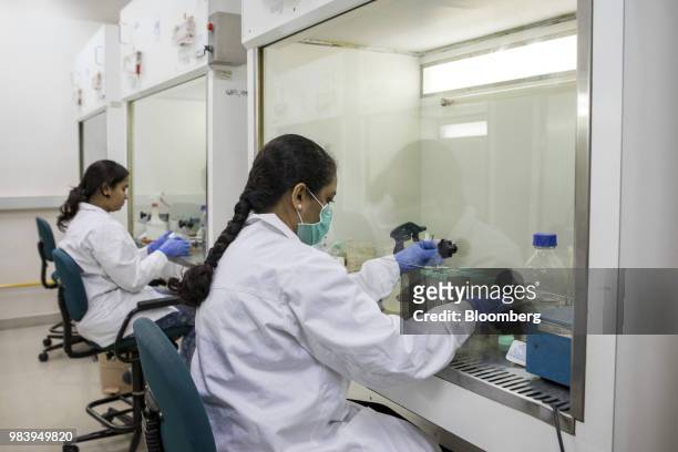 Technicians test drugs on bacteriophages in bio-safety cabinets at a GangaGen Inc. Laboratory in Bengaluru, India, on Wednesday, May 30, 2018. The...