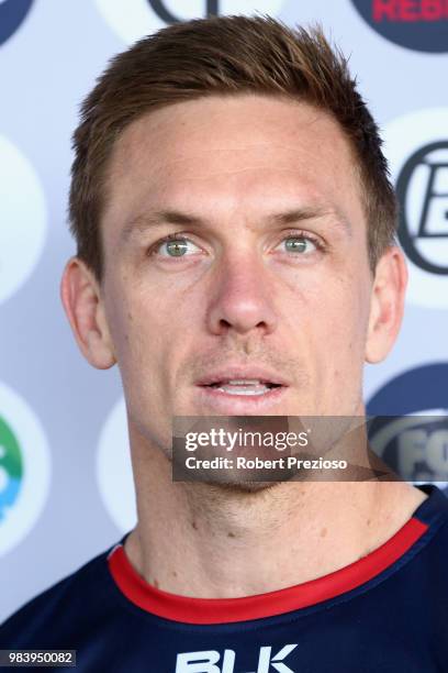 Dane Haylett-Petty speaks during a Melbourne Rebels Super Rugby training session at AAMI Park on June 26, 2018 in Melbourne, Australia.