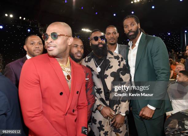 Eric Gordon, P.J. Tucker, Chris Paul, James Harden, Trevor Ariza, and Nene attend the 2018 NBA Awards at Barkar Hangar on June 25, 2018 in Santa...