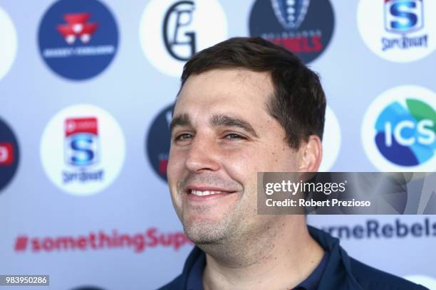 Head Coach Dave Wessels speaks during a Melbourne Rebels Super Rugby training session at AAMI Park on June 26, 2018 in Melbourne, Australia.