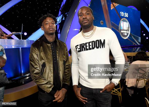 Savage and Meek Mill attend the 2018 NBA Awards at Barkar Hangar on June 25, 2018 in Santa Monica, California.