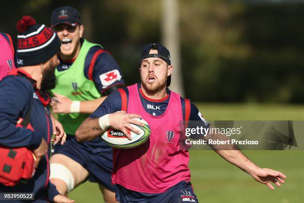 Tayler Adams runs during a Melbourne Rebels Super Rugby training session at AAMI Park on June 26, 2018 in Melbourne, Australia.