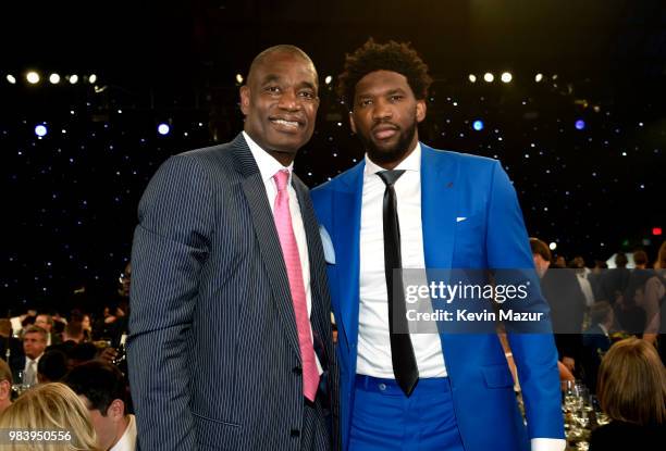 Dikembe Mutombo and Joel Embiid attend the 2018 NBA Awards at Barkar Hangar on June 25, 2018 in Santa Monica, California.