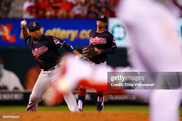 Jose Ramirez of the Cleveland Indians throws to first base against the St. Louis Cardinals in the eighth inning at Busch Stadium on June 25, 2018 in...