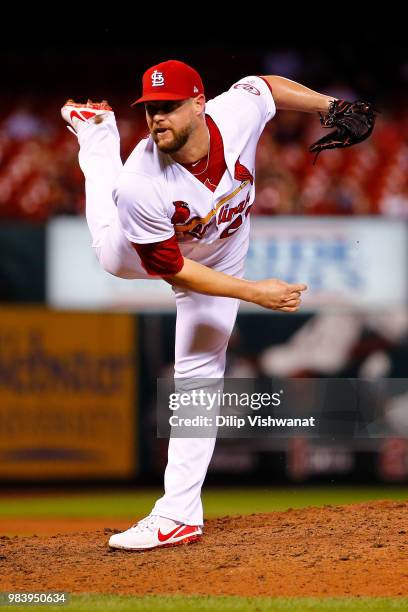Bud Norris of the St. Louis Cardinals delivers a pitch against the Cleveland Indians in the ninth inning at Busch Stadium on June 25, 2018 in St....