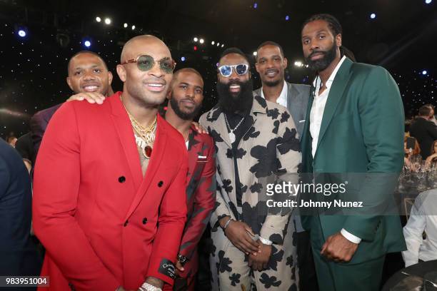 Eric Gordon, P.J. Tucker, Chris Paul, James Harden, Trevor Ariza, and Nene attend the 2018 NBA Awards at Barkar Hangar on June 25, 2018 in Santa...