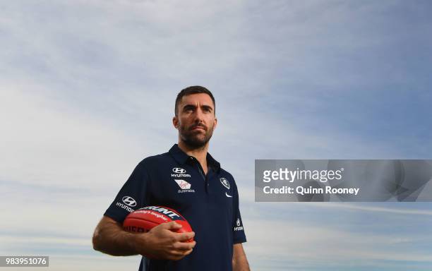 Kade Simpson of the Blues poses during a Carlton Blues AFL media opportunity at Ikon Park on June 26, 2018 in Melbourne, Australia.