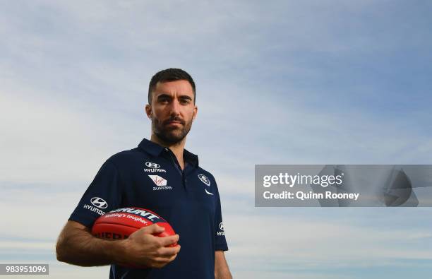 Kade Simpson of the Blues poses during a Carlton Blues AFL media opportunity at Ikon Park on June 26, 2018 in Melbourne, Australia.