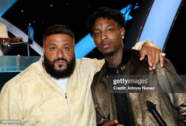 Khaled and 21 Savage attend the 2018 NBA Awards at Barkar Hangar on June 25, 2018 in Santa Monica, California.