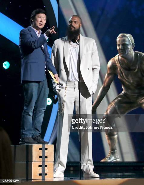 Ken Jeong and Tyson Chandler speak onstage at the 2018 NBA Awards at Barkar Hangar on June 25, 2018 in Santa Monica, California.
