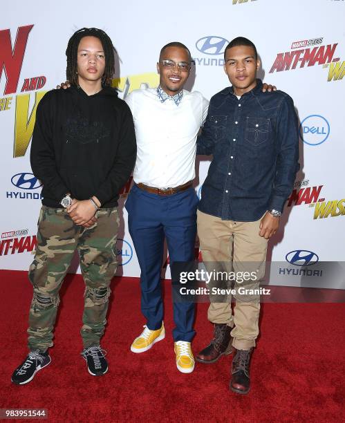 Domani Harris, Tip 'T.I.' Harris, and Messiah Harris arrives at the Premiere Of Disney And Marvel's "Ant-Man And The Wasp" on June 25, 2018 in...