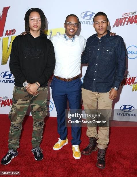 Domani Harris, Tip 'T.I.' Harris, and Messiah Harris arrives at the Premiere Of Disney And Marvel's "Ant-Man And The Wasp" on June 25, 2018 in...
