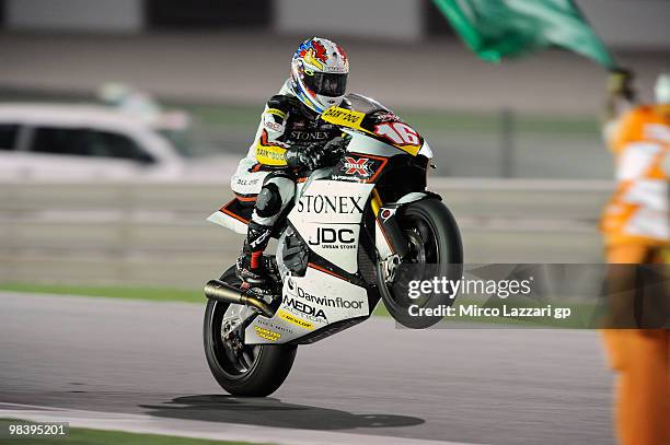 Jules Cluzel of France and Foward Racing celebrates the third place at the end of the Moto2 race of the Qatar Grand Prix at Losail Circuit on April...