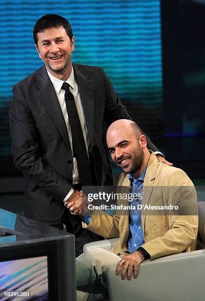 Fabio Fazio and Roberto Saviano attend Che Tempo Che Fa Italian TV Show held at RAI Studios on April 11, 2010 in Milan, Italy.