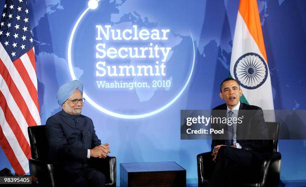 President Barack Obama holds a bilateral meeting with India's Prime Minister Manmohan Singh at the Blair House April 11, 2010 in Washington, DC....