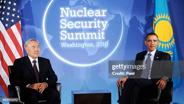 President Barack Obama holds a bilateral meeting with President Nursultan Nazarbayev of Kazakhstan at the Blair House April 11, 2010 in Washington,...