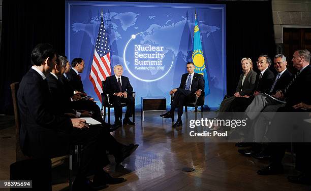 President Barack Obama holds a bilateral meeting with President Nursultan Nazarbayev of Kazakhstan at the Blair House April 11, 2010 in Washington,...