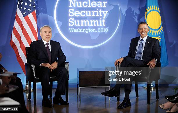 President Barack Obama holds a bilateral meeting with President Nursultan Nazarbayev of Kazakhstan at the Blair House April 11, 2010 in Washington,...