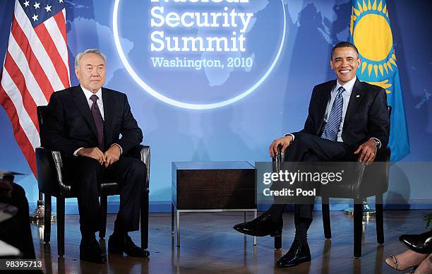 President Barack Obama holds a bilateral meeting with President Nursultan Nazarbayev of Kazakhstan at the Blair House April 11, 2010 in Washington,...