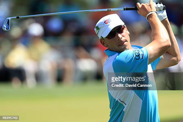 Ricky Barnes watches his tee shot on the third hole during the final round of the 2010 Masters Tournament at Augusta National Golf Club on April 11,...