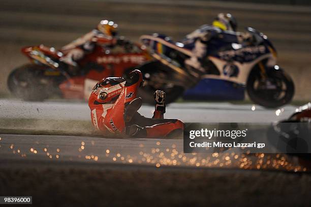 Stefan Bradl of Germany and Viessmann Kiefer Racing crashed out during the Moto2 race of the Qatar Grand Prix at Losail Circuit on April 11, 2010 in...