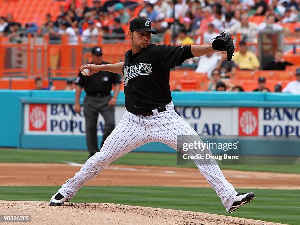 Starting pitcher Anibal Sanchez of the Florida Marlins pitches against the Los Angeles Dodgers at Sun Life Stadium on April 11, 2010 in Miami,...