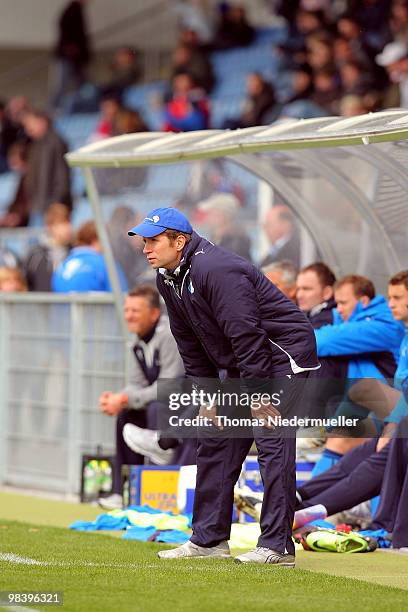 Head coach Guido Streichsbier of Hoffenheim looks on during the DFB Juniors Cup half final between TSG 1899 Hoffenheim and FC Energie Cottbus at the...