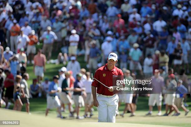 Lee Westwood of England walks to the sixth green during the final round of the 2010 Masters Tournament at Augusta National Golf Club on April 11,...