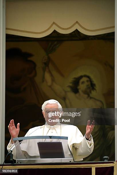 Pope Benedict XVI delivers his Regina Coeli Prayer from his summer residence on April 11, 2010 in Castelgandolfo, Rome, Italy. Pontiff expressed his...