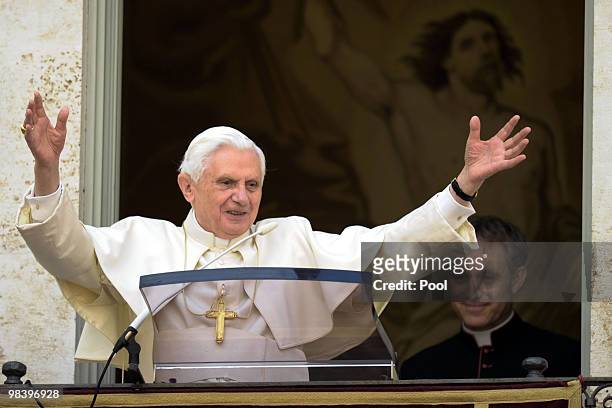 Pope Benedict XVI delivers his Regina Coeli Prayer from his summer residence on April 11, 2010 in Castelgandolfo, Rome, Italy. Pontiff expressed his...
