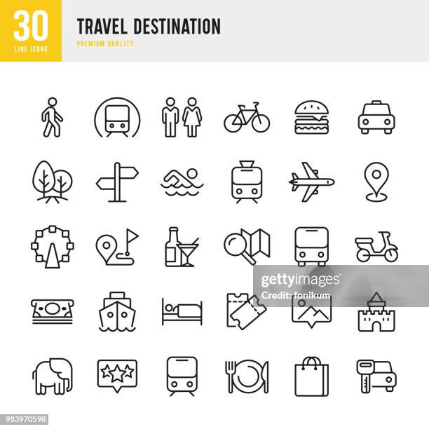 travel destination - set of thin line vector icons - elephant water stock illustrations