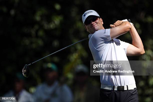 Zach Johnson plays his tee shot on the second hole during the final round of the 2010 Masters Tournament at Augusta National Golf Club on April 11,...