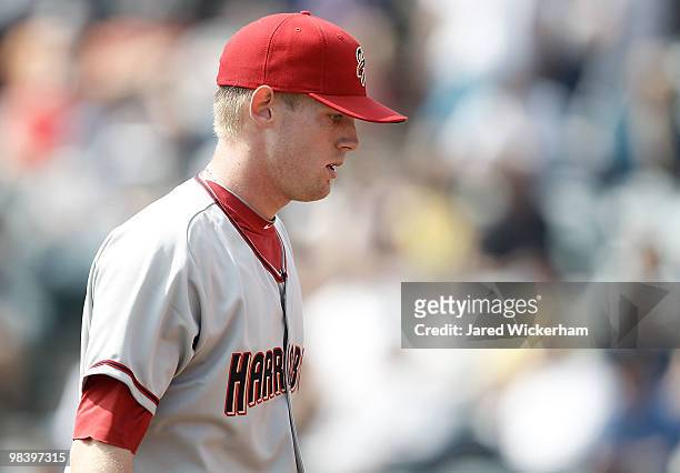 Stephen Strasburg of the Harrisburg Senators walks back to the dugout inbetween innings during the game against the Altoona Curve on April 11, 2010...