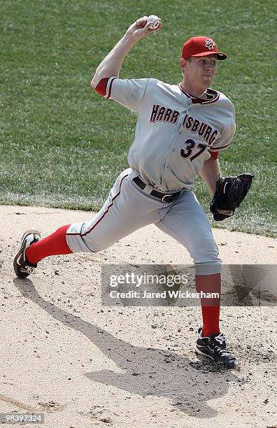 Stephen Strasburg of the Harrisburg Senators pitches against the Altoona Curve in his minor league debut during the game on April 11, 2010 at Blair...