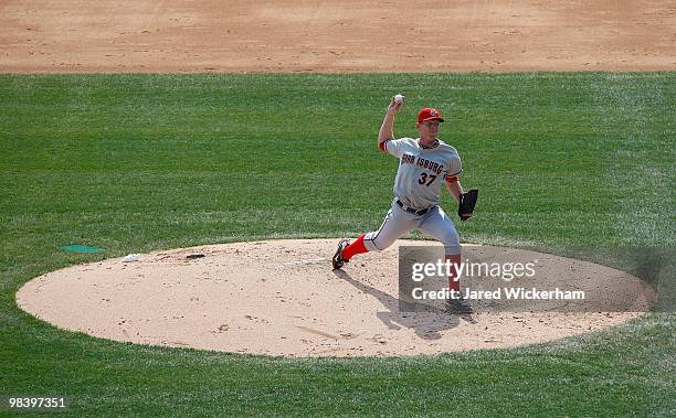 Stephen Strasburg of the Harrisburg Senators pitches against the Altoona Curve in his minor league debut during the game on April 11, 2010 at Blair...